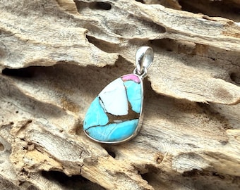 Turquoise Oyster Shell Pendant, Natural Blue Pink White Copper, Cotton Candy, 925 Sterling Silver