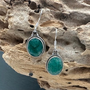 Raw Emerald Sterling Silver Earrings – May Birthstone, 15mm Gemstone