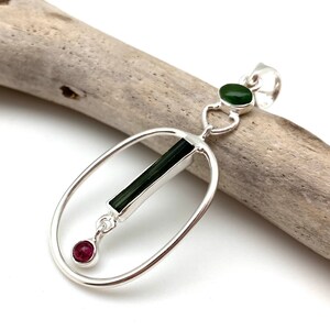 Tourmaline Silver Pendant - Green Pink Tourmaline Pendant - MultiStone Tourmaline - Green Organic Tourmaline - 925 Sterling Silver