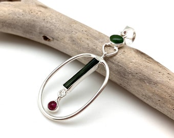 Tourmaline Silver Pendant - Green Pink Tourmaline Pendant - MultiStone Tourmaline - Green Organic Tourmaline - 925 Sterling Silver