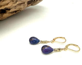 Purple Turquoise Earrings, Natural Purple Copper, Gold Filled