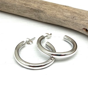 Medium Thick Hoop Earrings / Medium Silver Post Hoops / 4x30mm Thick Hoops / 925 Sterling