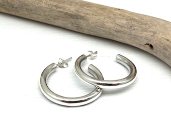 Medium Thick Hoop Earrings / Medium Silver Post Hoops / 4x30mm Thick Hoops / 925 Sterling