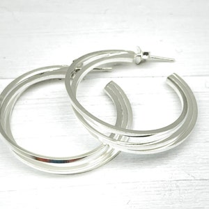 Layered Silver Hoops / Silver Post Hoops with Multi Layer / Modern Silver Hoops / Lightweight 32mm Hoops / Post Hoops / 925 Sterling Silver