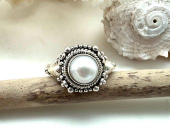 White Pearl Silver Ring, 925 Sterling, Beaded Bali Everyday, Gift for Her
