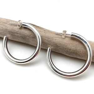 Silver Medium Hoop Earrings 35mm / Silver Post Hoops 35mm x 4mm / Thick Tube Silver Hoops / Lightweight Hoops / Sterling Silver