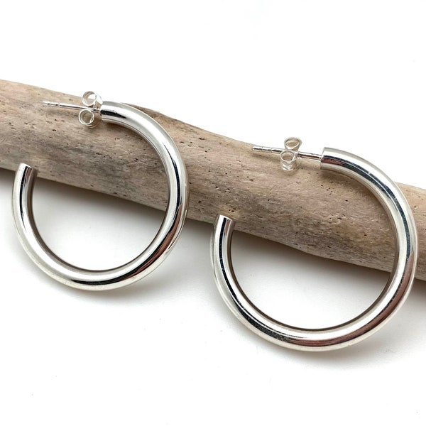 Silver Medium Hoop Earrings 35mm / Silver Post Hoops 35mm x 4mm / Thick Tube Silver Hoops / Lightweight Hoops / Sterling Silver