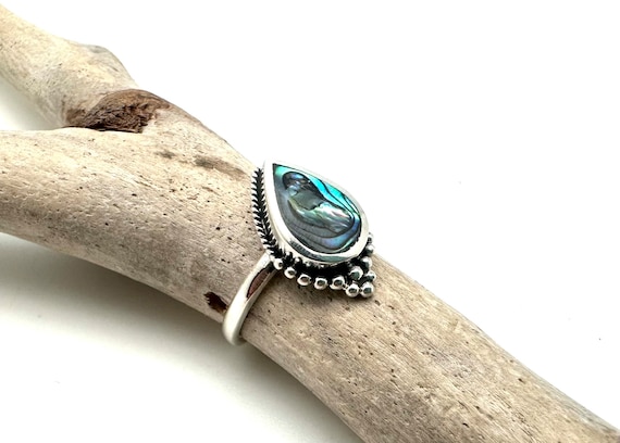 Abalone Teardrop Ring - Natural Shell - Abalone Mandala - 925 Silver