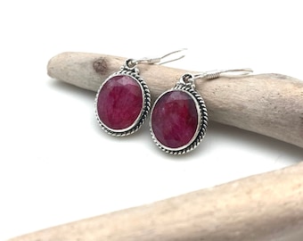 Organic Ruby Silver Earrings - 925 Sterling - Natural Ruby - Hook Backs, 15mm