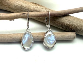 White Pearl Earrings //  Japanese Mabe Pearl Earrings // Free Form Pearl / 925 Silver