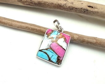 Turquoise Oyster Shell Pendant, Natural Blue Pink White Copper, Cotton Candy, 925 Sterling Silver