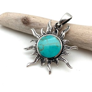 Turquoise Sun Silver Pendant // Silver Turquoise Necklace // Sun Turquoise Pendant // 925 Sterling Silver