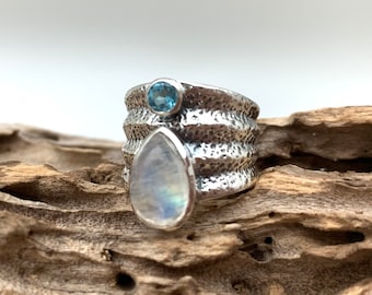 Moonstone Ring Size 7, 8 - Blue Moonstone Blue Topaz Ring - Rainbow Moonstone Cigar Band Ring - Smooth Teardrop - 925 Sterling Silver