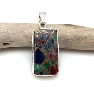 Agate Copper Mosaic Pendant / Multi Color Stone Silver Pendant / Collector Stone 28mm/ 925 Sterling Silver