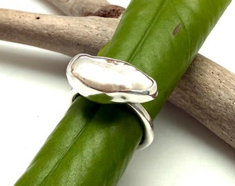 Biwa Pearl Silver Ring, 925 Sterling, Modern Minimalist, Size 7.5 East West