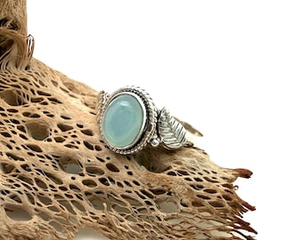 Blue Chalcedony Silver Ring, 925 Sterling, Leaf Detail Everyday Ring