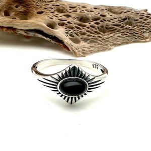 Bague onyx noir lever du soleil 5-10, bague inspirée du sud-ouest de l'onyx noir, cabochon en onyx lisse, argent sterling 925, bague en onyx la plus vendue