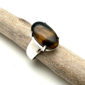 Ring Tijgeroog Maat 7 – Zilveren Tijgeroog Ring 18 mm – Minimalistisch Bruin Tijgeroog – Derde Oog Chakra Intuïtie – 925 sterlingzilver