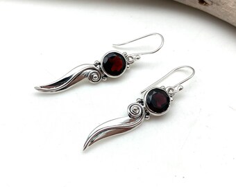Sterling Silver Long Garnet Drop Earrings – Natural Gemstone