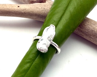 White Biwa Pearl Silver Ring – Modern Minimalist, 925 Sterling, Size 7