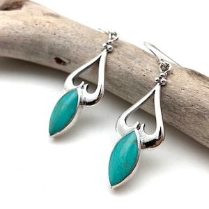 Turquoise Marquee Silver Earrings, Long Dangly, Blue Green, 925 Sterling