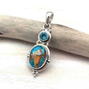 Oyster Turquoise Blue Topaz Pendant / Oyster Turquoise Silver Pendant / Smooth Turquoise Blue Topaz Southwestern Pendant / 925 Sterling