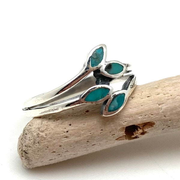 Turquoise Leaf Ring -Little Leaves Turquoise Ring - Turquoise Multi Stone Ring - Natural Turquoise - 925 Silver - Size 4-10