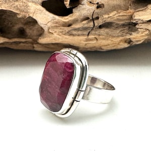 Natural Ruby Sterling Silver Statement Ring, Size 8, 9