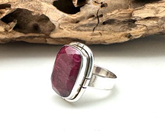 Natural Ruby Sterling Silver Statement Ring, Size 8, 9
