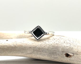 Black Onyx Ring in Sterling Silver- 4, 5, 6, 7, 8, 9, 10 - Oxidized Diamond Shape