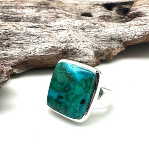 Chrysocolla Malachite Ring Size 7 - Blue Green Chrysocolla Silver Ring - Geometric Malachite Ring - 925 Sterling Silver