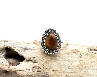 Teardrop Tiger's Eye Sterling Silver Ring, Size 6-8