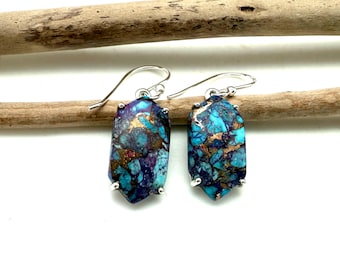Turquoise Oyster Shell Earrings, Natural Blue Purple Copper, 925 Sterling Silver