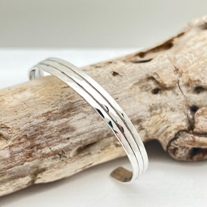 Three Band Hammered Silver Cuff Bracelet, 925 Sterling Silver