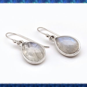 Teardrop Rainbow Moonstone Earrings, Simple Sterling Silver Setting