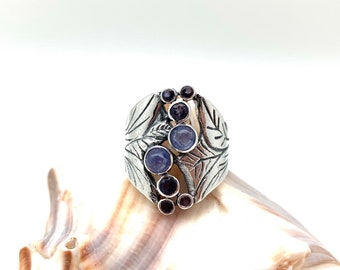 Sterling Silver Tanzanite Wide Band Ring, Size 7-9