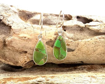 Green Copper Vein Turquoise Earrings, Sterling Silver Dangle (18mm), Actual Piece