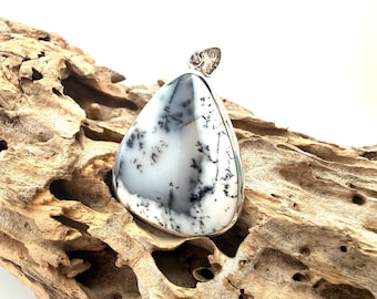 Teardrop Dendritic Agate Pendant - Sterling Silver Opal, Yin Yang Harmony, Statement Pendant 42mm