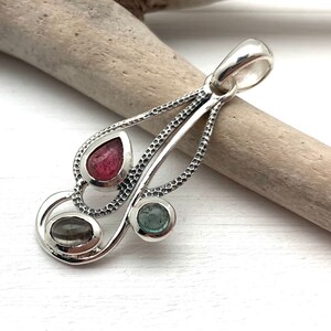 Tourmaline Pendant - Tri Color Tourmaline Pendant - MultiStone Etched Setting - Sterling Silver