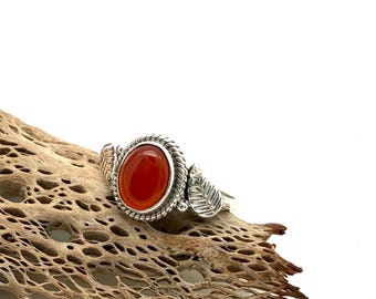 Carnelian Silver Ring, 925 Sterling, Deep Orange, Detailed Leaf
