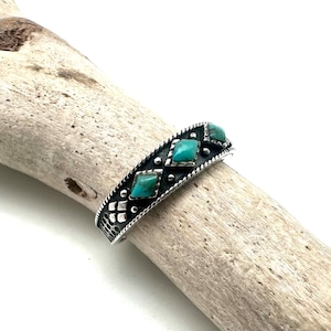 Southwest Turquoise Ring 5-10 , 925 Sterling Silver, Natural Turquoise Diamond Band