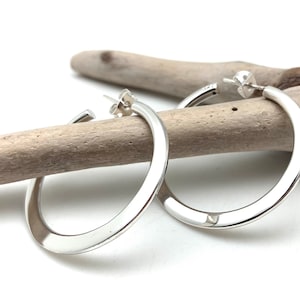 Silver Medium Hoop Earrings 33mm / Silver Post Hoops  Graduated / Solid Silver Hoops /Handmade Hoops / Sterling Silver