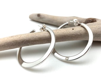 Silver Medium Hoop Earrings 33mm / Silver Post Hoops  Graduated / Solid Silver Hoops /Handmade Hoops / Sterling Silver