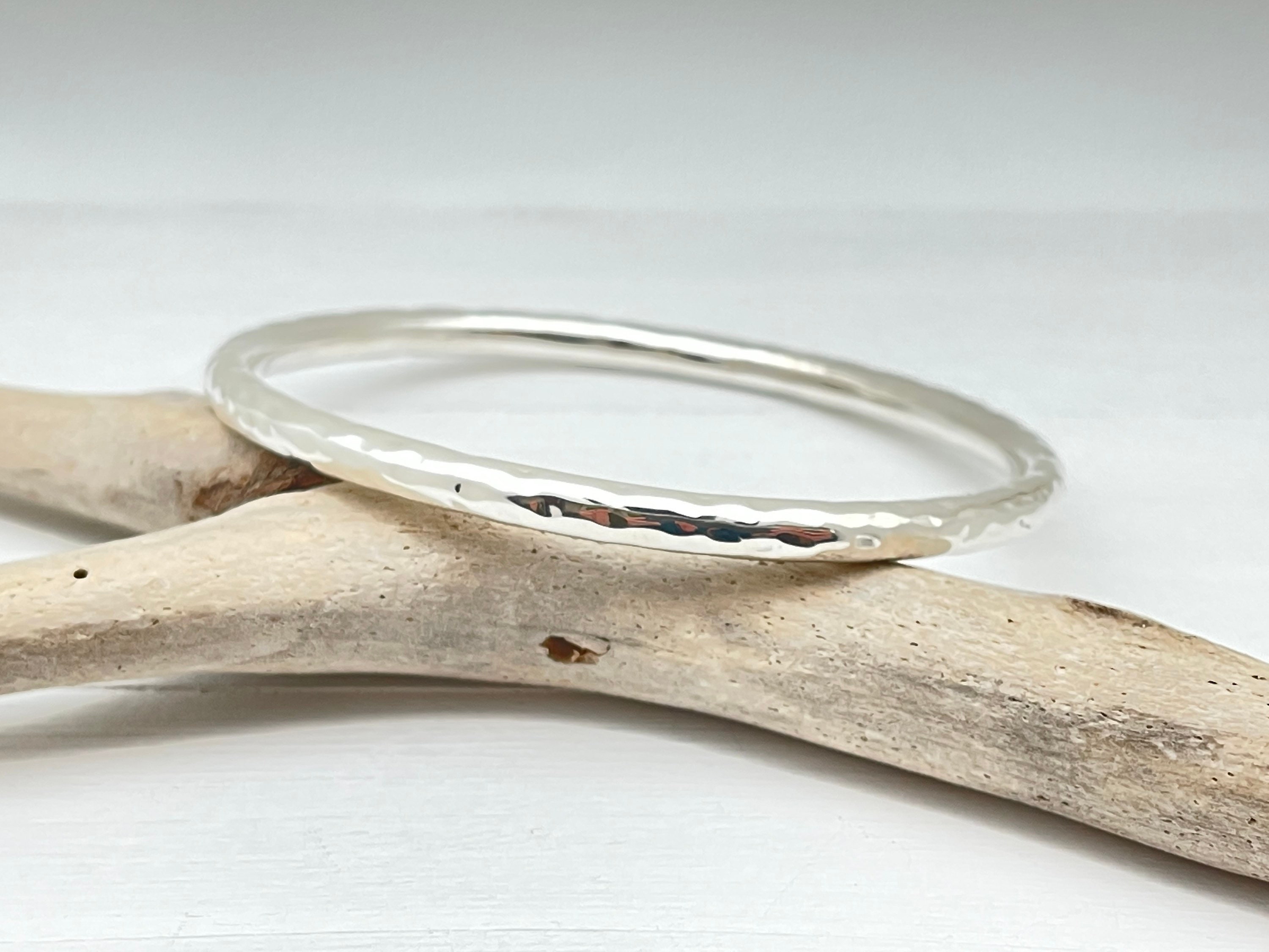 Hammered Oval Silver Bangle, 925 Sterling Silver, High