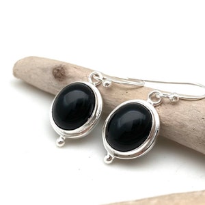 Oval Black Onyx Sterling Silver Earrings, 15mm
