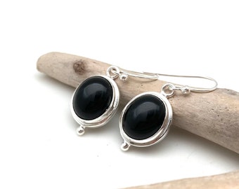 Pendientes ovalados de ónix negro y plata de ley, 15 mm
