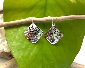 Silver Hammered Square Earrings / 925 Sterling / Organic Square Dangly / Minimalist Boho 20mm / Diamond