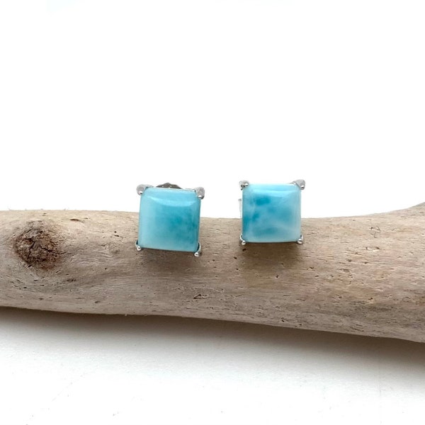 Larimar Small Post Earrings, Small Squared Larimar Earrings, 925 Sterling Silver, 5mm
