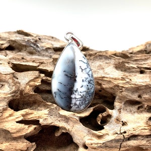 Dendritic Agate Opal Pendant - Dendrite Opal Teardrop Silver  - Dendritic Agate Yin and Yang - Black and White - Harmony - 925 Sterling