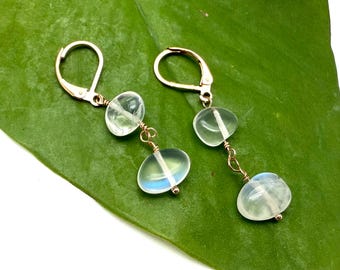 Blue Rainbow Moonstone Earrings // Smooth Cabochon Moonstone Dewy Drops // Long Dangly // Gift for her // June Birthstone